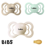 BIBS Supreme Schnuller mit Namen, Symmetrisch Latex Gr. 2, Nordic Mint, Haze, Sand, 3'er Pack
